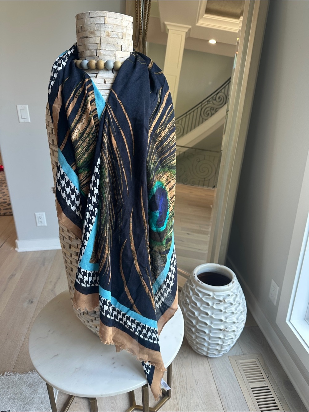 Talbots Peacock Feather Print Scarf in Black, Teal & Tan